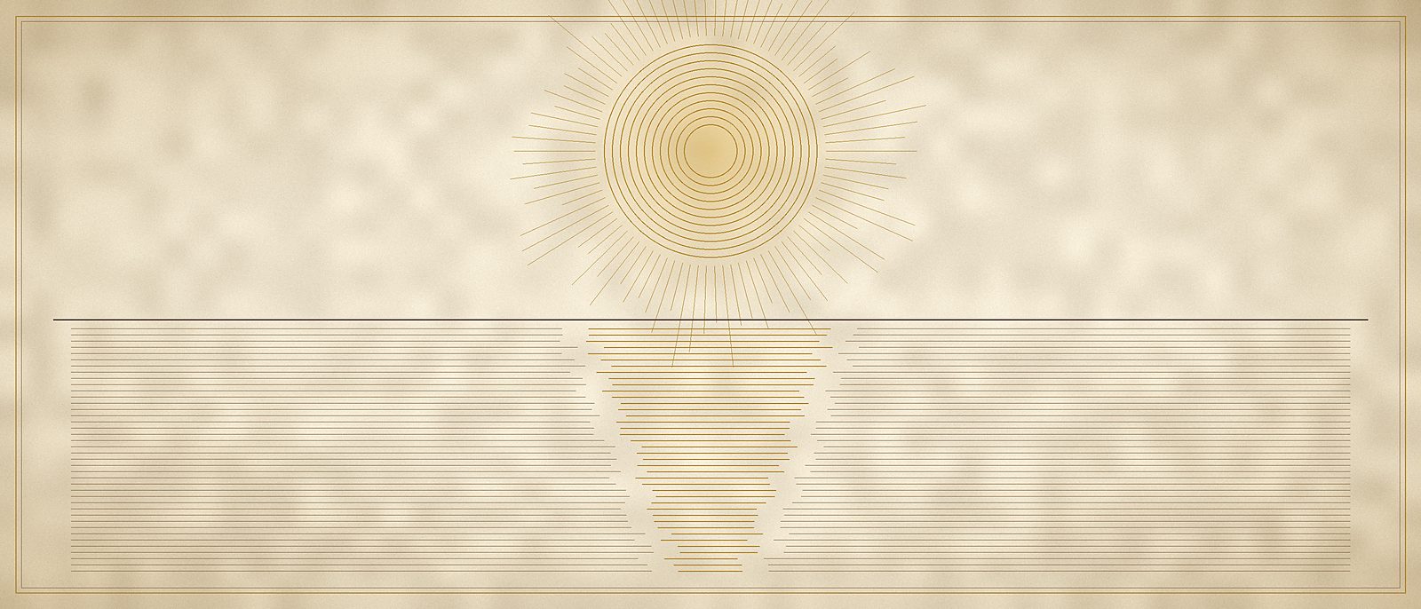 A radiant sun above a horizon line, its reflection laid in gold on the water below